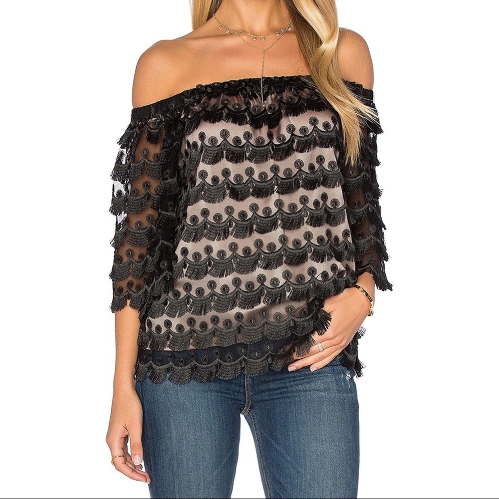 Trina Turk Roza Black Off The Shoulder Top in Size Small